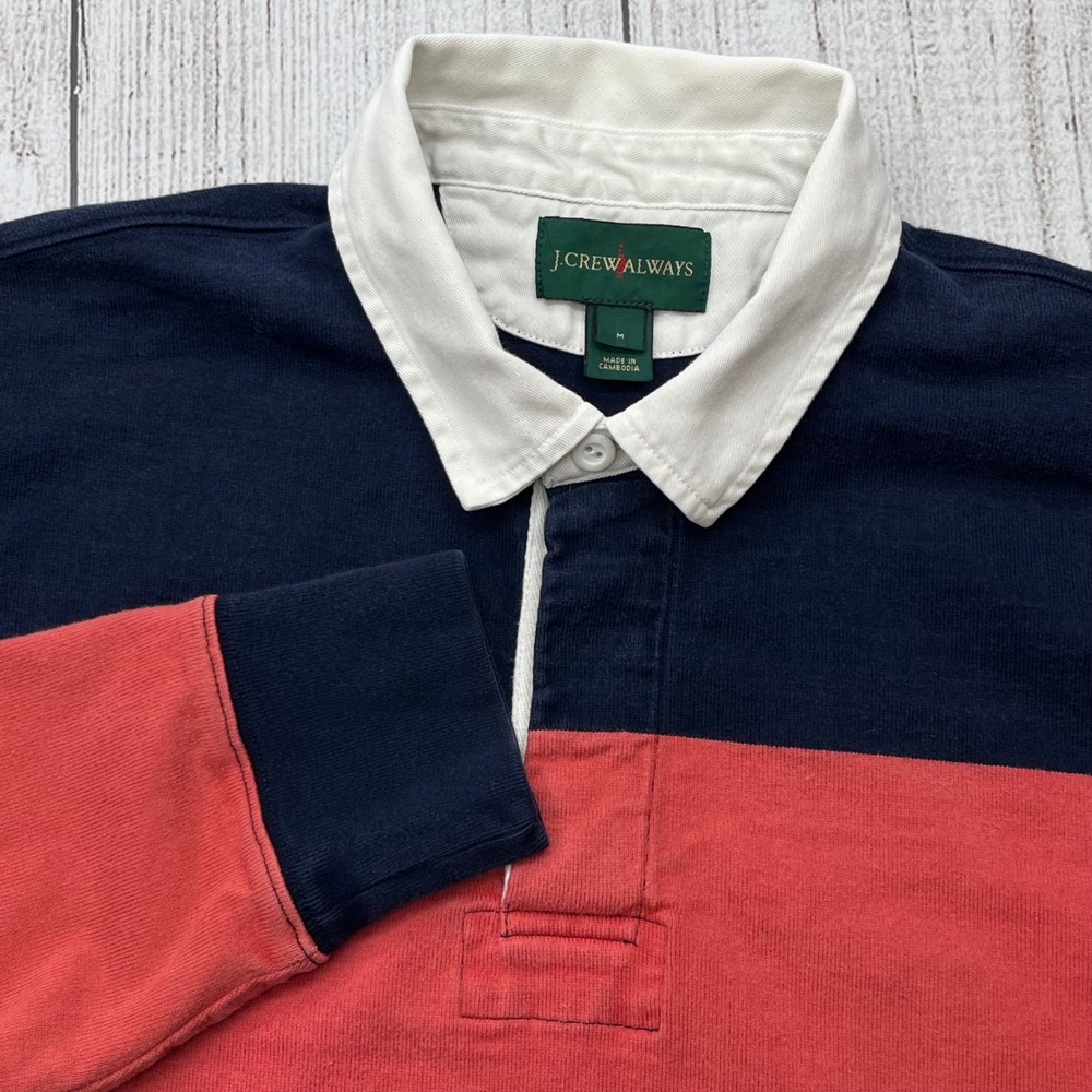 J.Crew Always Mens Medium Rugby Shirt Navy Blue Coral Pink Striped Long Sleeve